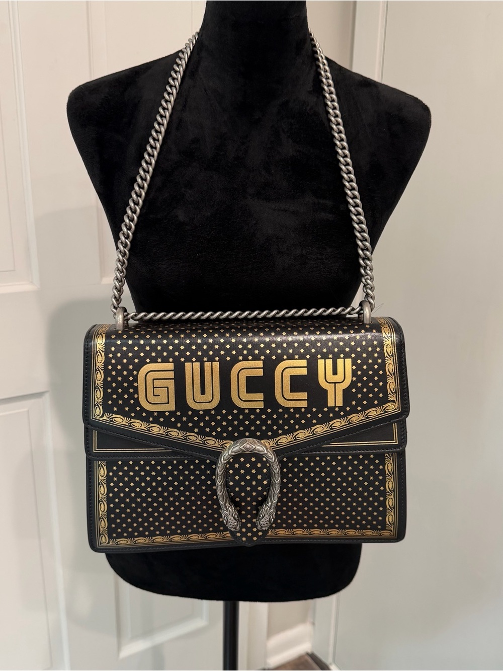 Gucci Black and Gold 'GUCCY' Leather Shoulder Bag with Chain